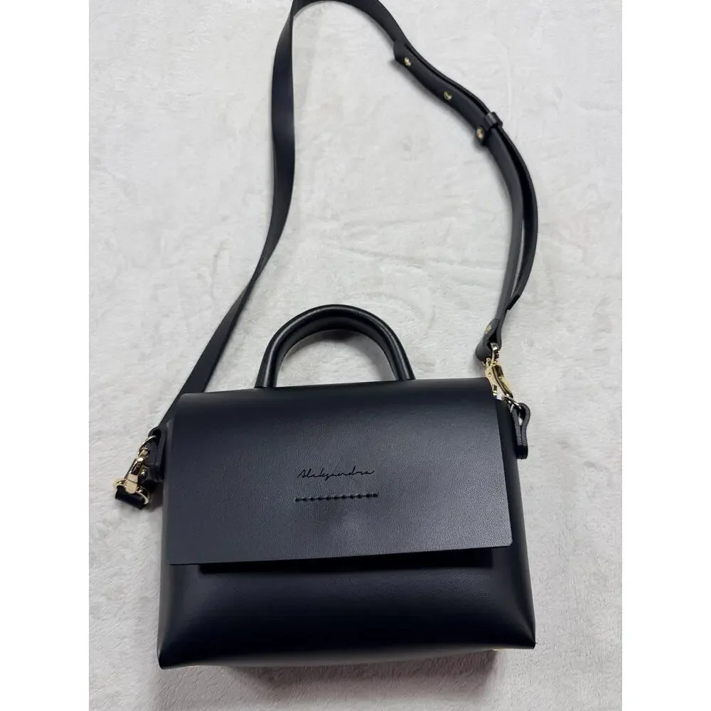 Przywara-Strzalka Black Leather Minimalist Crossbody Flap Bag Handmade NWOT